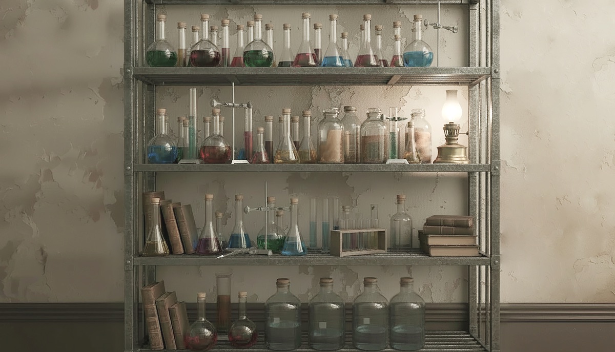 Laboratory shelf lined with colorful chemical solutions