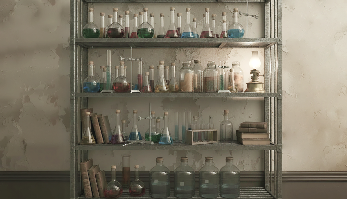 Laboratory shelf lined with colorful chemical solutions